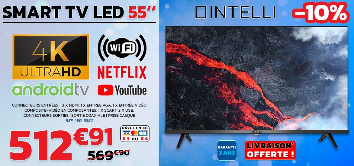 TV 55" (140 cm) 4K ULTRA HD Smart LED Android INTELLI LED-5582 Noir